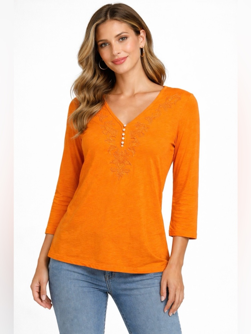 Lauren Ralph Lauren Women’s Large Orange Embroidered Tunic Top 3/4 Sleeve